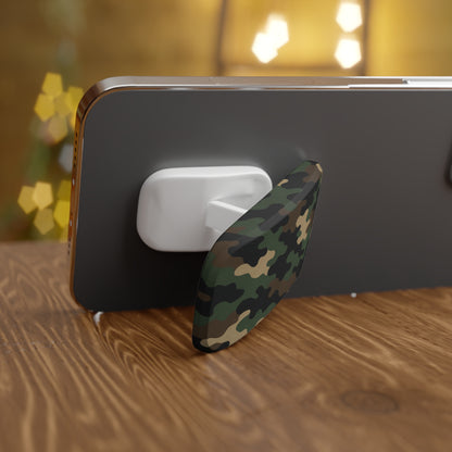 Military green camo phone grip with click-on stand and secure hold, designed for easy handling and stylish accessory.