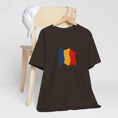 Romania flag T-Shirt by Printify featuring a minimal waving tricolor design on a casual cotton tee.