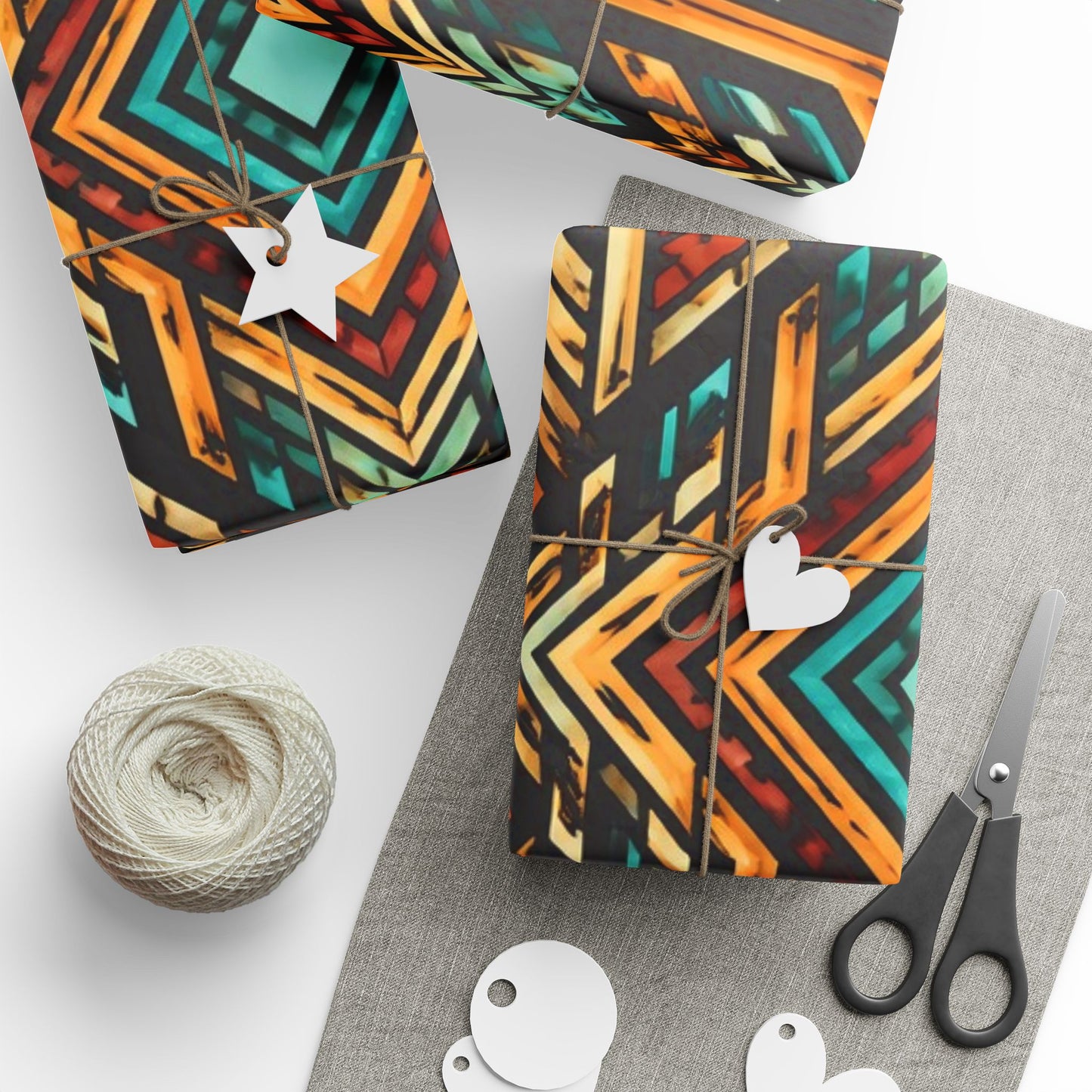 Geometric Boho Wrapping Paper Roll — Teal & Burnt Orange Tribal Pattern