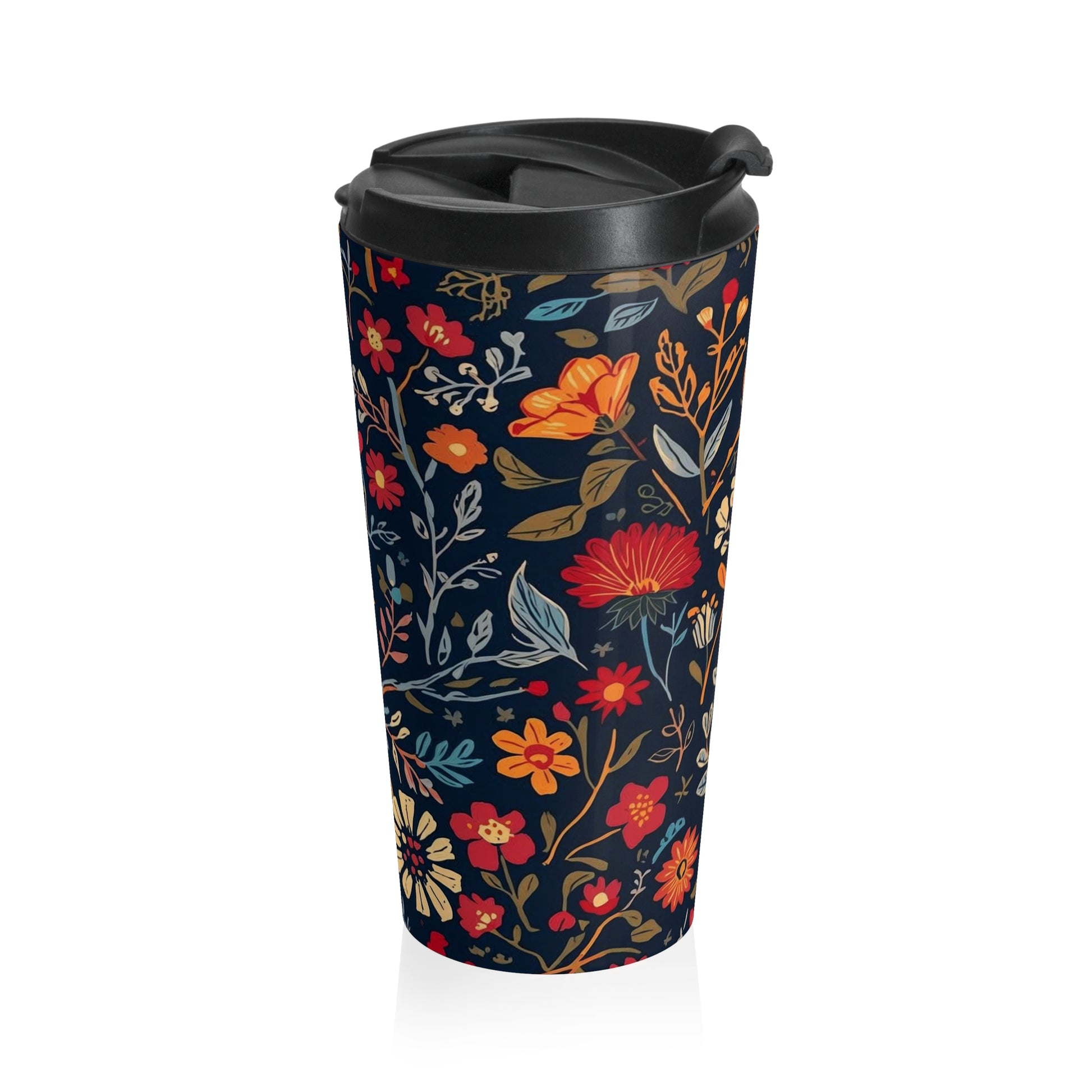 Floral Nightfall stainless steel travel mug with autumn wildflower design, insulated tumbler for hot and cold beverages.