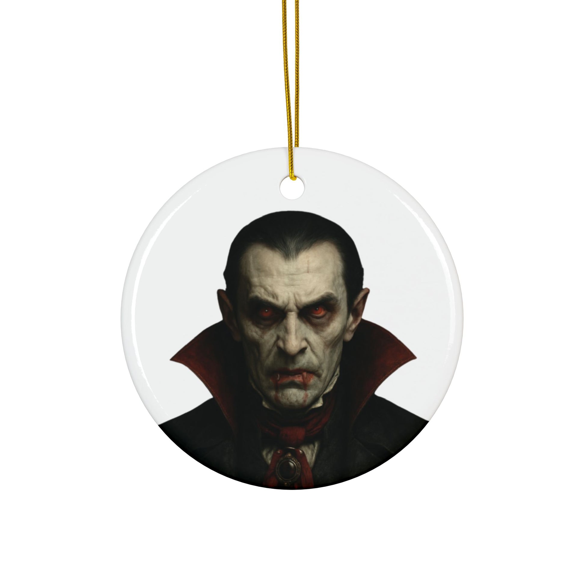Two-sided vampire portrait ceramic ornament, gothic Christmas decoration with spooky vampire design, perfect for holiday decor.