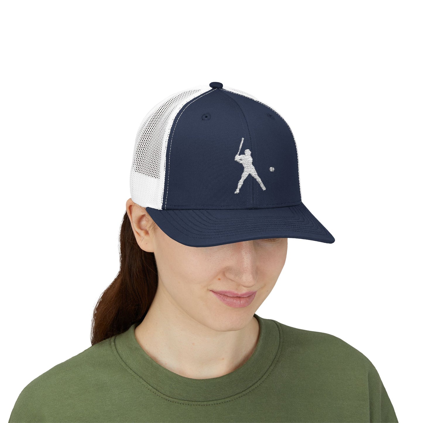 Vintage baseball snapback trucker cap with batter silhouette design, printed by Printify, featuring a structured brim and mesh back.