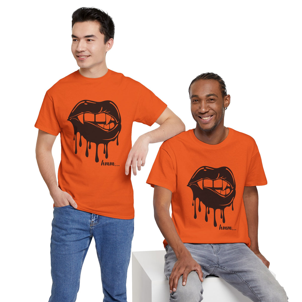 Black graphic T-shirt by Printify featuring dripping lips and 'hmm...' bite design on the front, casual and stylish for everyday wear.