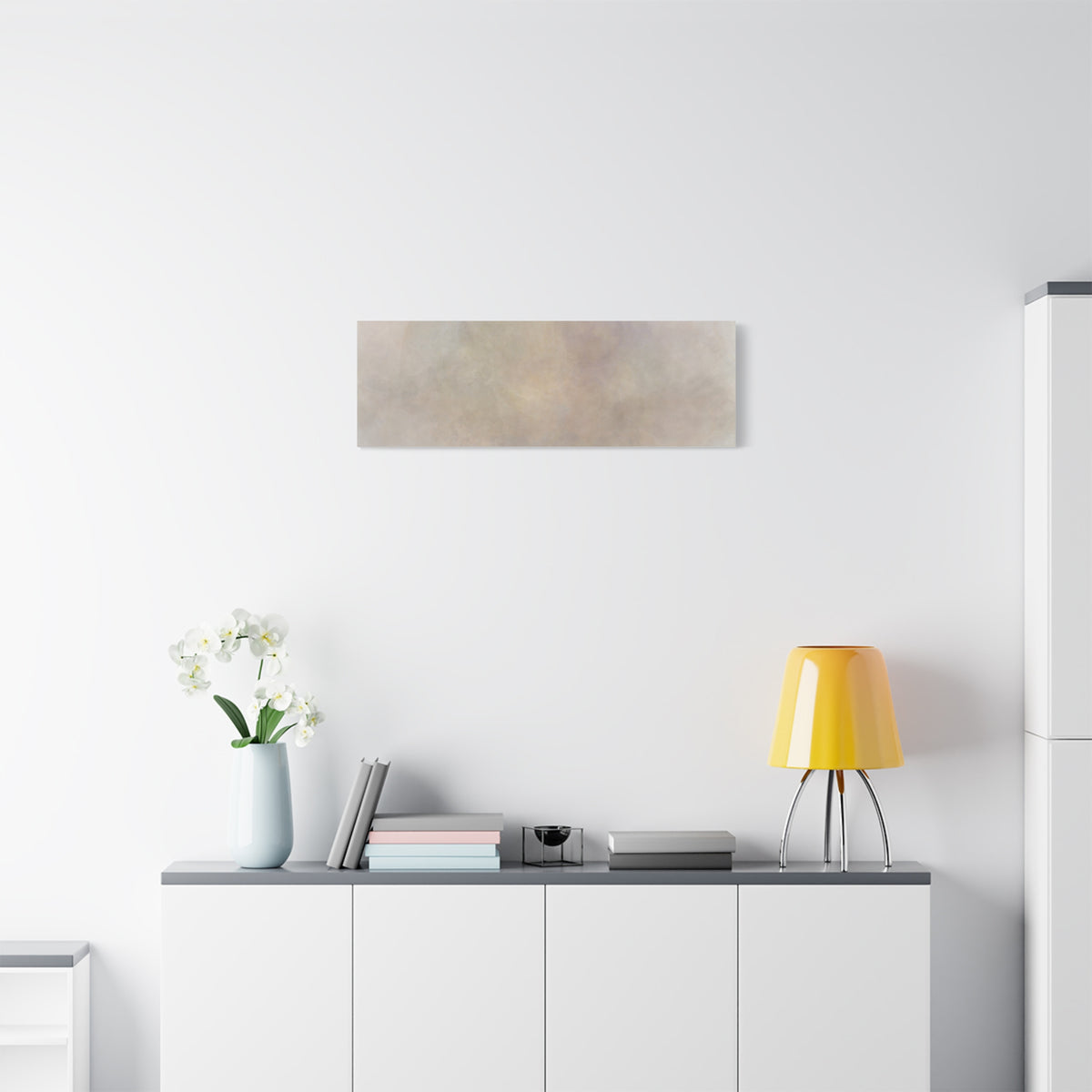 Soft neutral abstract fog canvas by Printify featuring a calming, artistic design with muted tones and abstract cloud-like patterns.