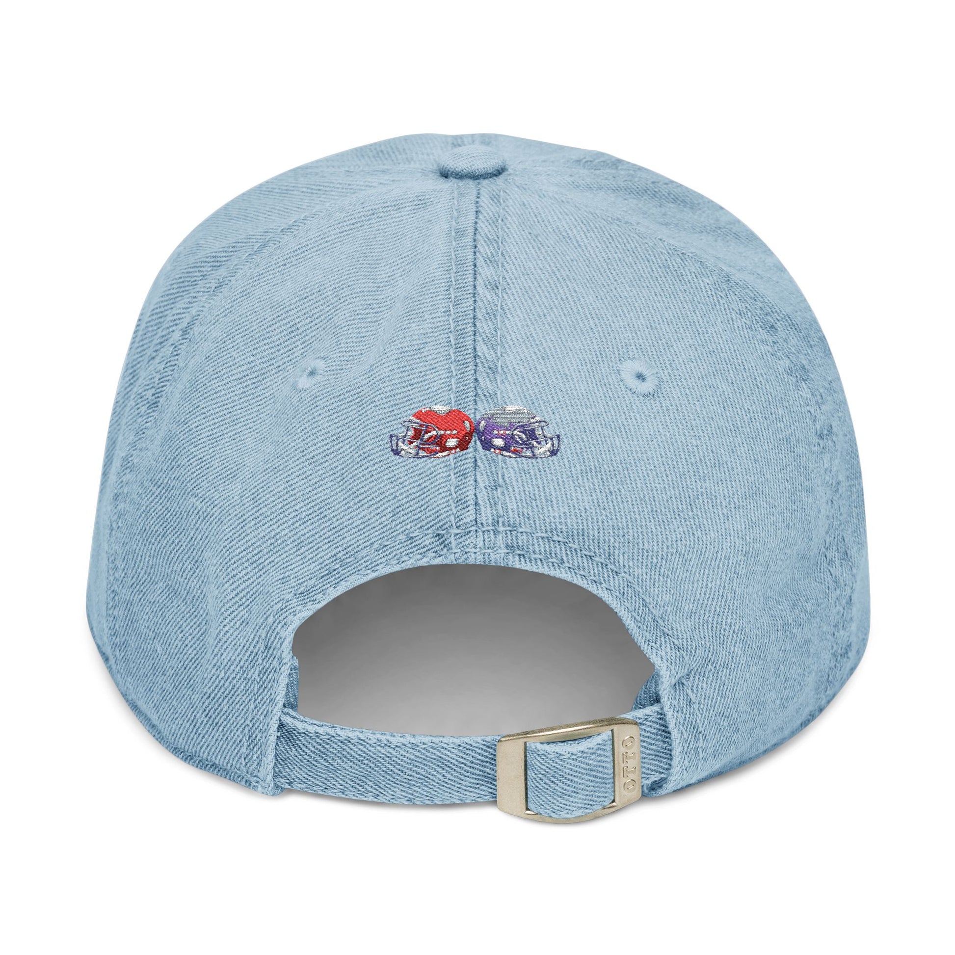 Red and blue embroidered football helmets denim hat for team fans, stylish cap by Printify with detailed embroidery.