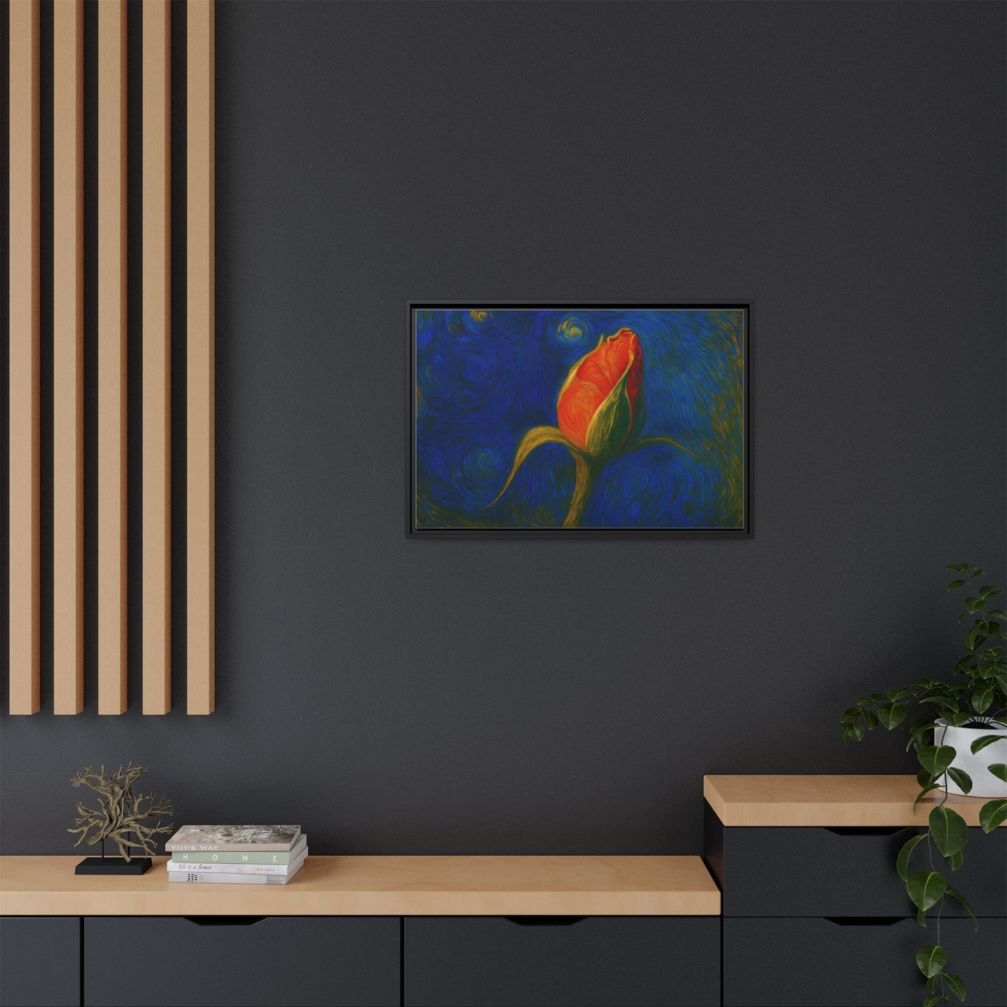 Red rose bud painting on canvas framed wall art by Printify, featuring vibrant red rose buds with a matte finish.