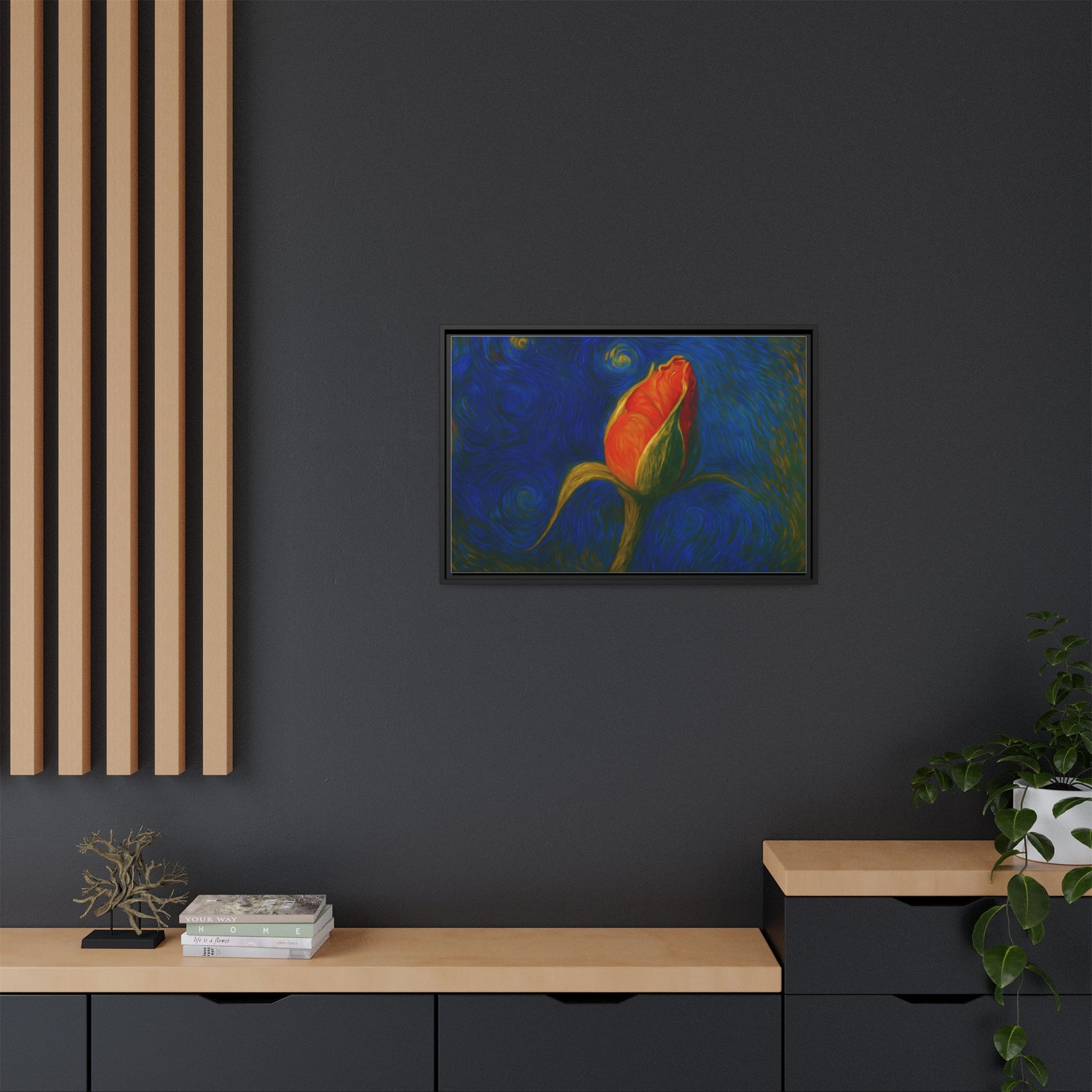 Red rose bud painting on canvas framed wall art by Printify, featuring vibrant red rose buds with a matte finish.