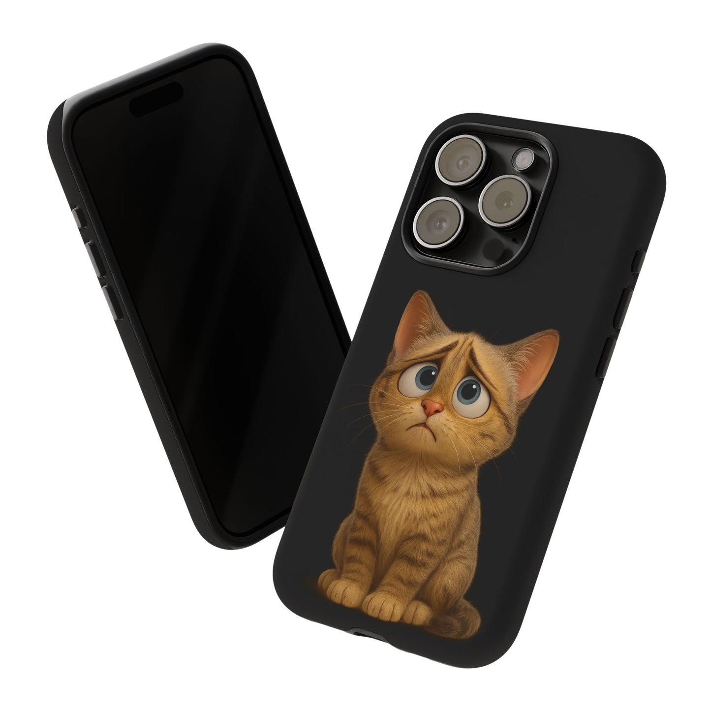 Cute sad kitty print phone case for iPhone, protective silicone cover featuring a sad cat design by Printify.