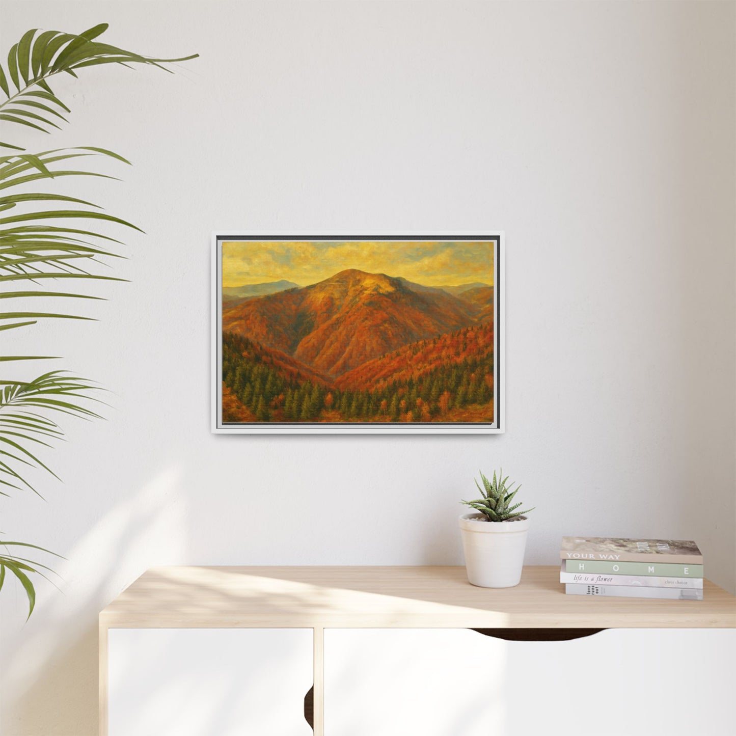Autumn mountain matte canvas framed wall art by Printify featuring a scenic mountain landscape in warm autumn tones.