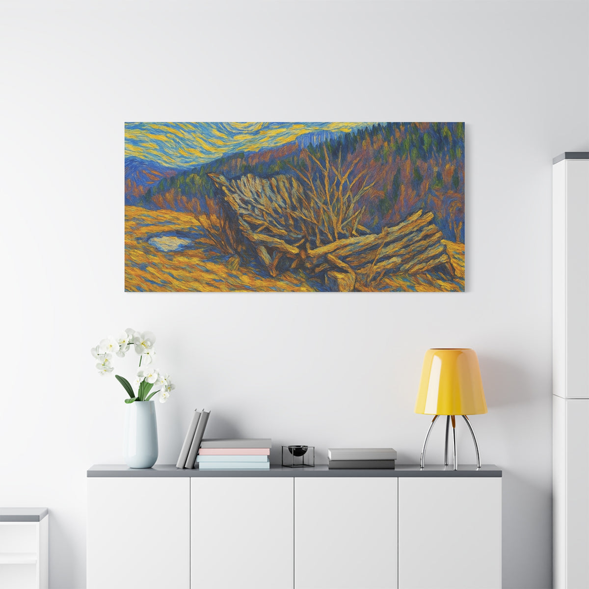 Impressionist Starry Landscape canvas print by Printify featuring a night sky filled with stars and swirling colors.