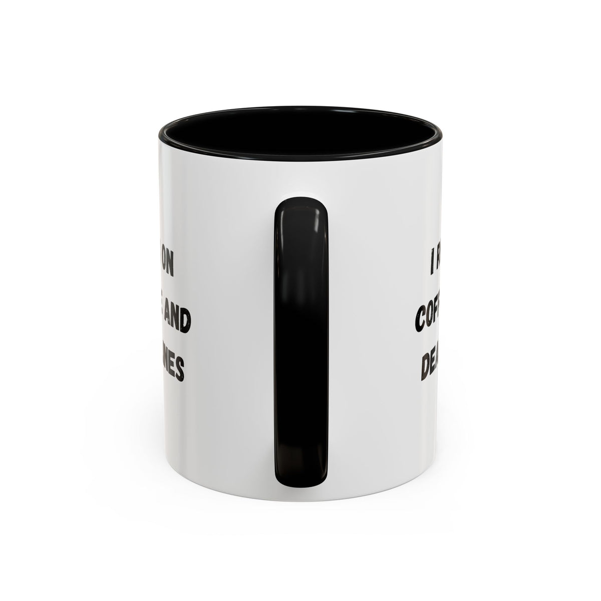 White ceramic mug with "I Run on Coffee and Deadlines" text, featuring a black interior and handle, designed by Printify.