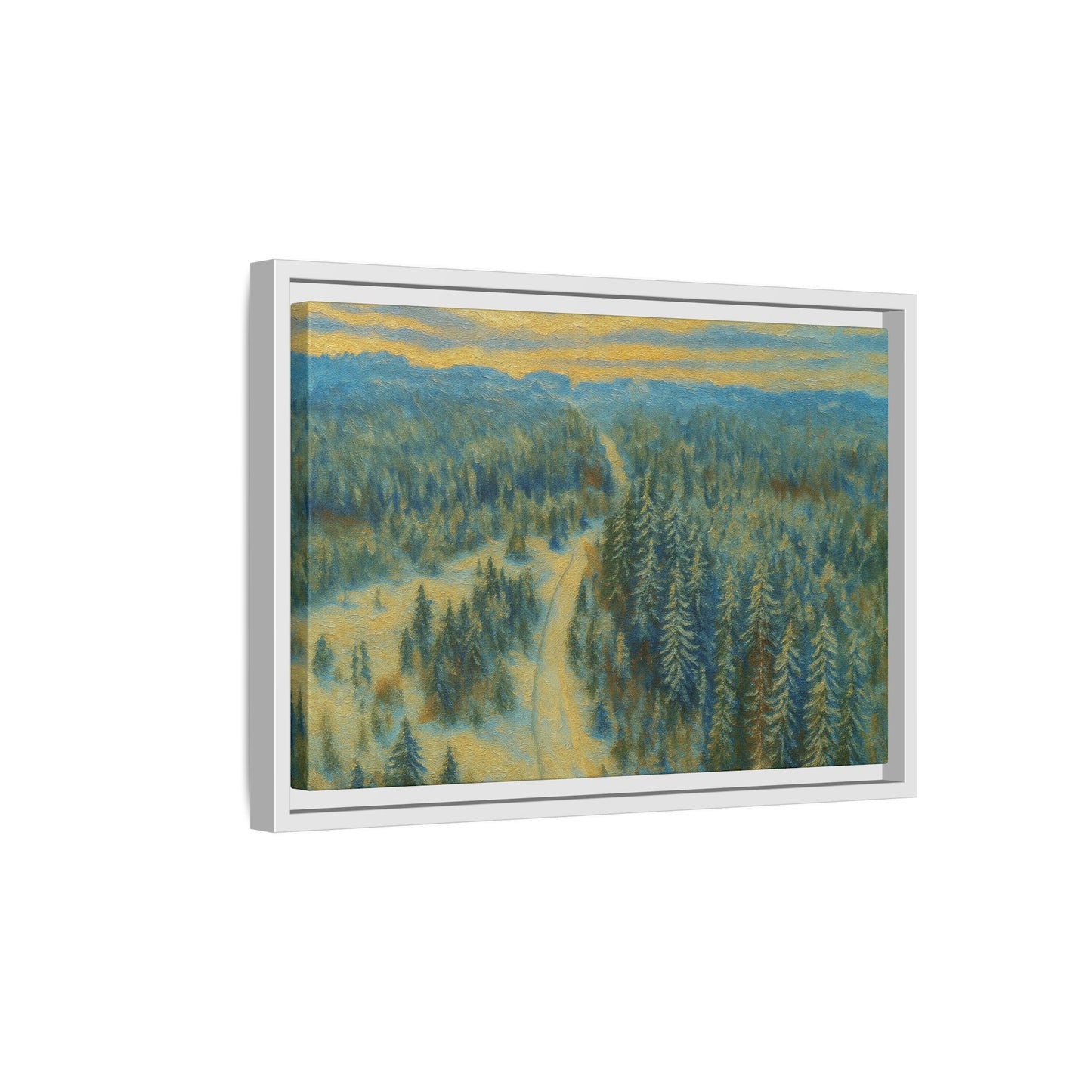 Framed matte canvas print of a serene winter forest landscape by Printify, showcasing snow-covered trees and tranquil natural scenery.