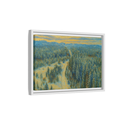 Framed matte canvas print of a serene winter forest landscape by Printify, showcasing snow-covered trees and tranquil natural scenery.