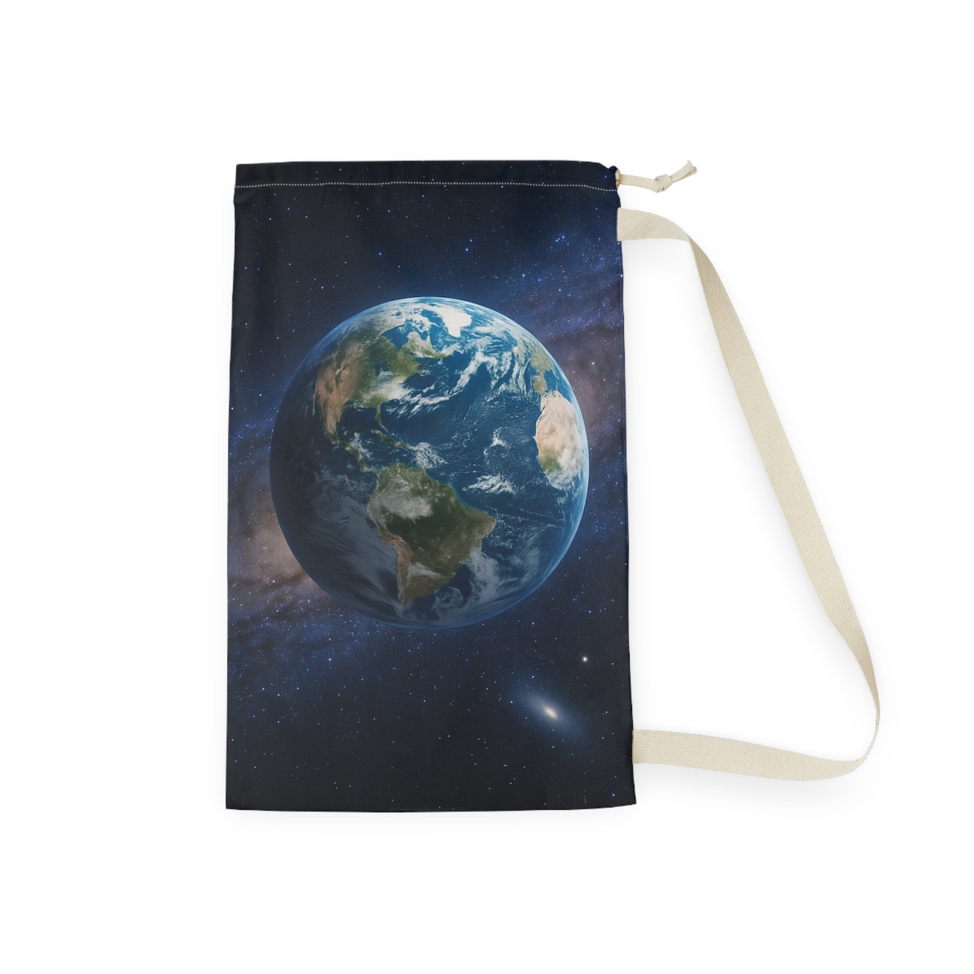 Earth globe print laundry bag by Printify featuring a planet space design, drawstring canvas pouch for laundry organization.