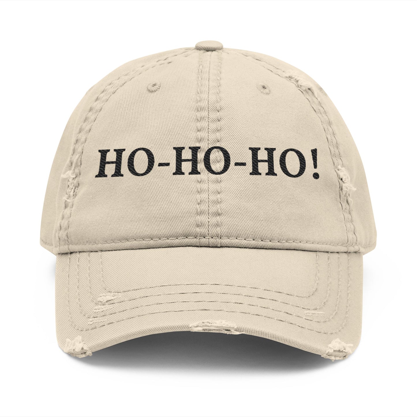 Distressed embroidered "HO-HO-HO" dad hat by Printify, a casual baseball cap with festive holiday design and adjustable strap.