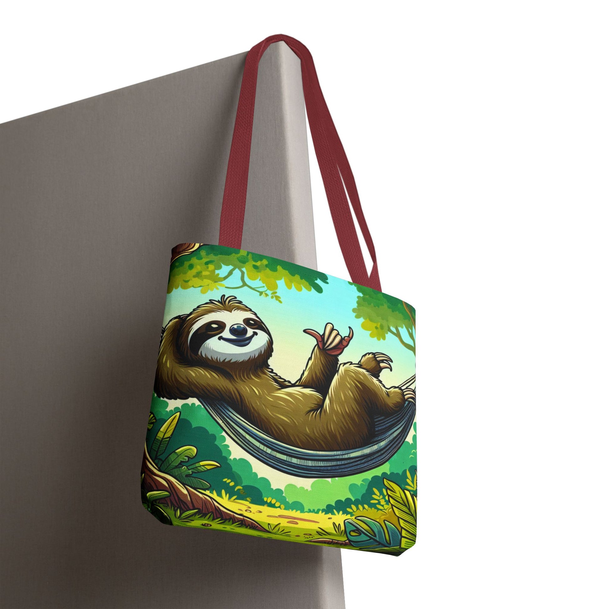 Cute eco-friendly sloth tote bag by Printify with a playful sloth illustration, perfect for animal lovers and casual outings.