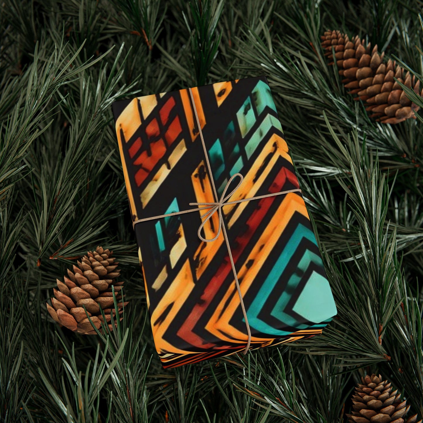 Geometric Boho Wrapping Paper Roll — Teal & Burnt Orange Tribal Pattern