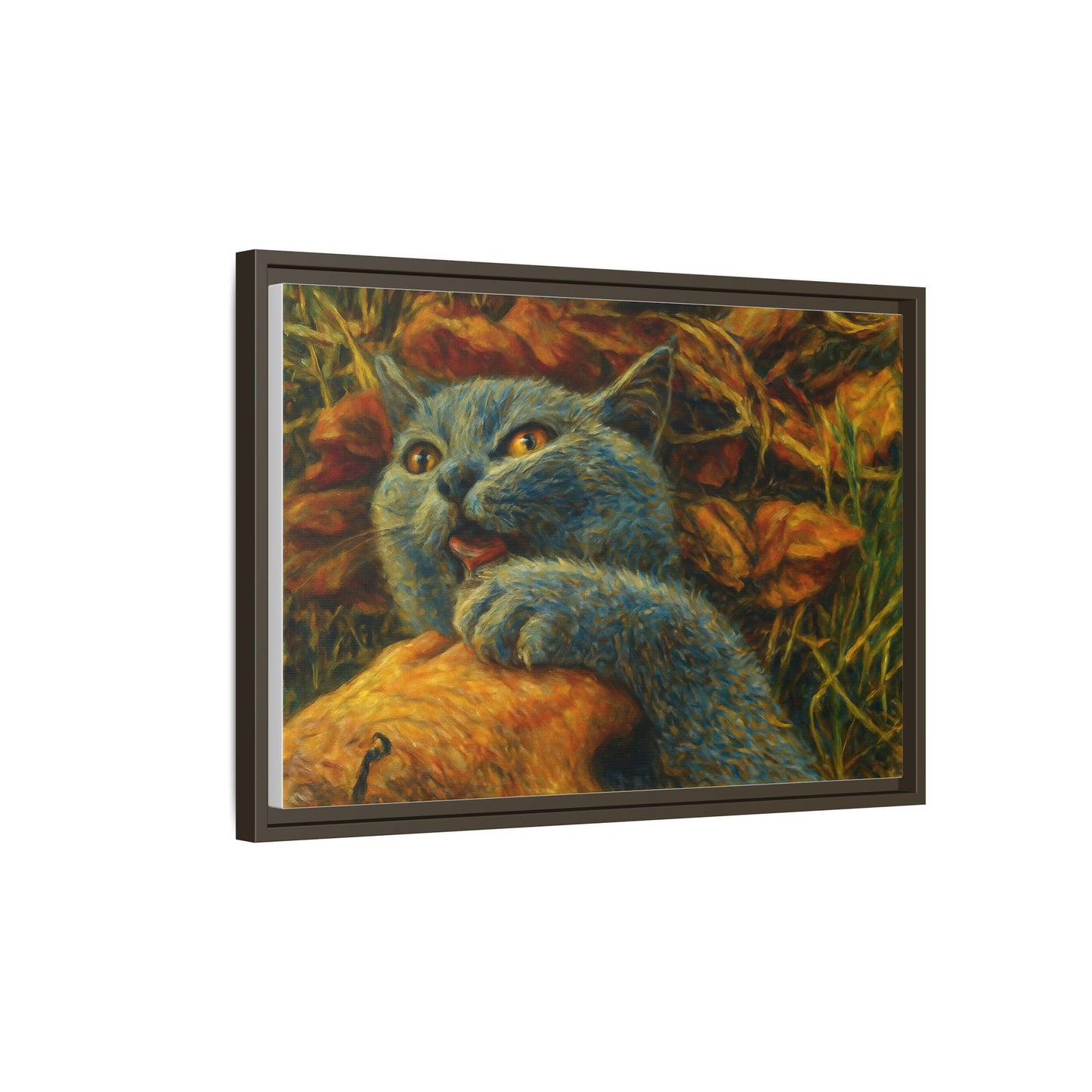 Blue cat canvas print featuring whimsical wall art, perfect gift for cat lovers, printed by Printify.