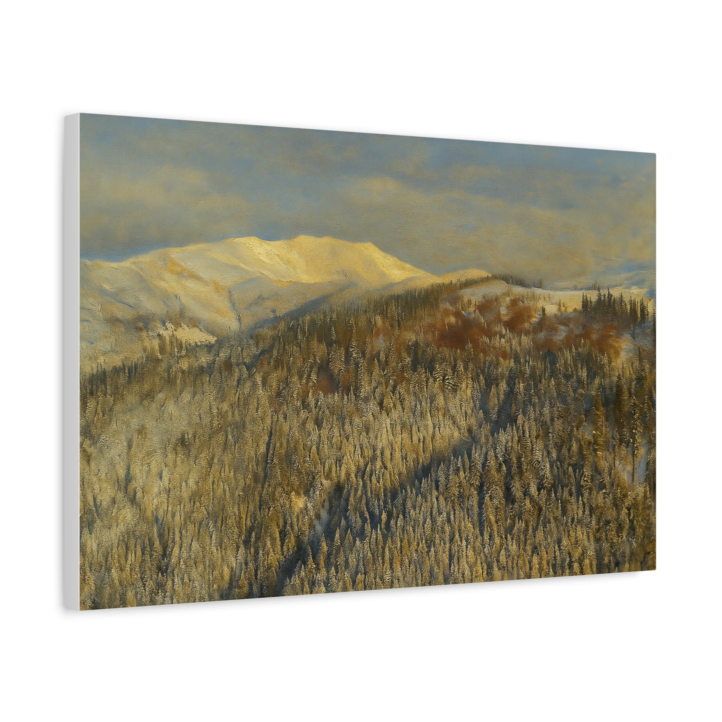 Winter mountain landscape canvas print by Printify, stretched 1.25 inches, featuring a snowy mountain scene on matte canvas.