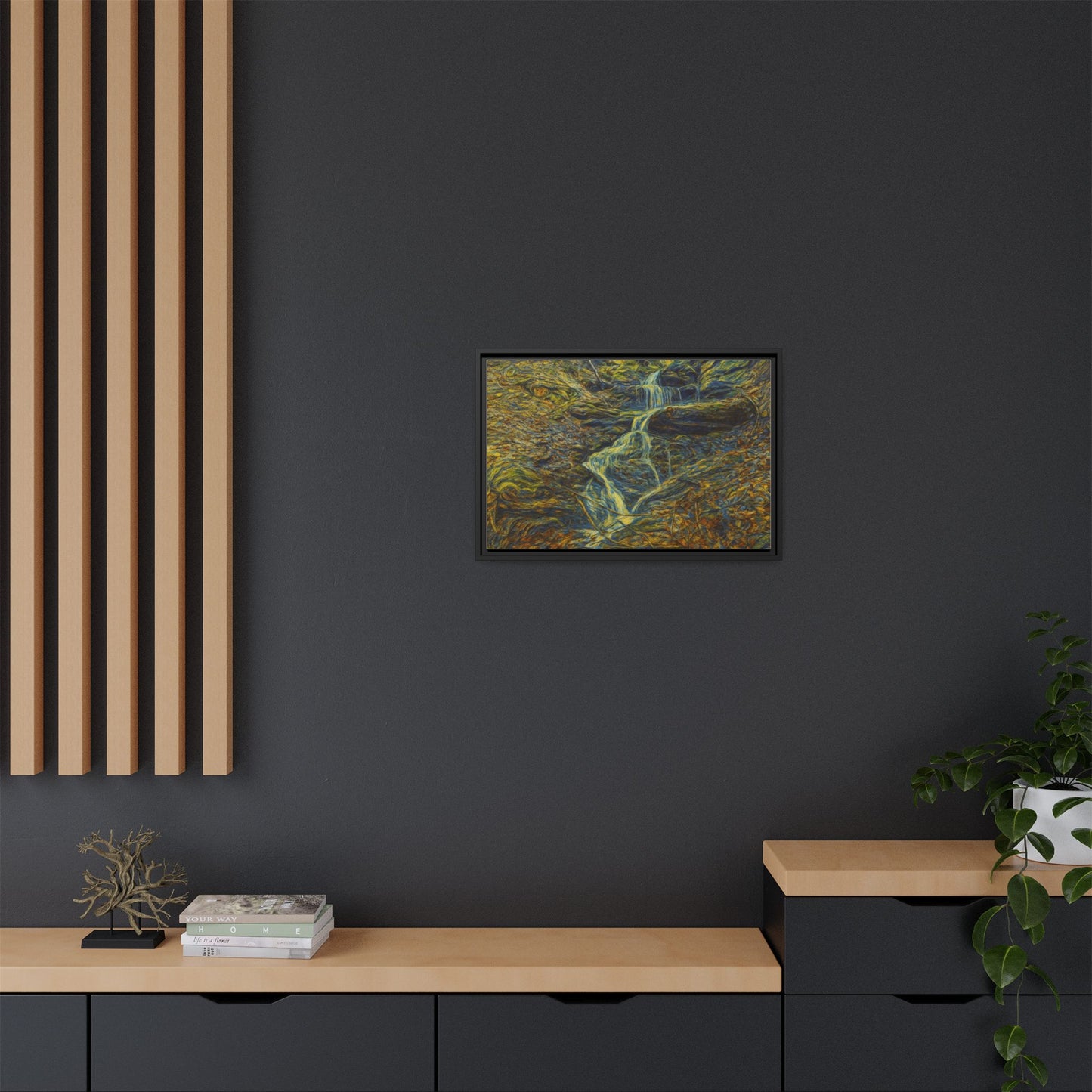Framed matte canvas wall art featuring an autumn forest with a waterfall, printed by Printify for natural, vibrant decor.