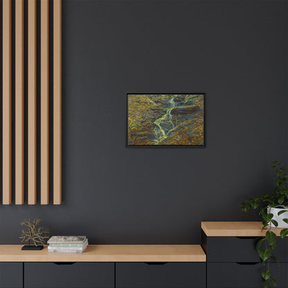 Framed matte canvas wall art featuring an autumn forest with a waterfall, printed by Printify for natural, vibrant decor.