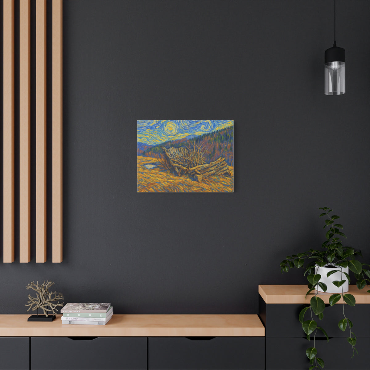 Impressionist Starry Landscape canvas print by Printify featuring a vibrant night sky with stars and a scenic landscape.