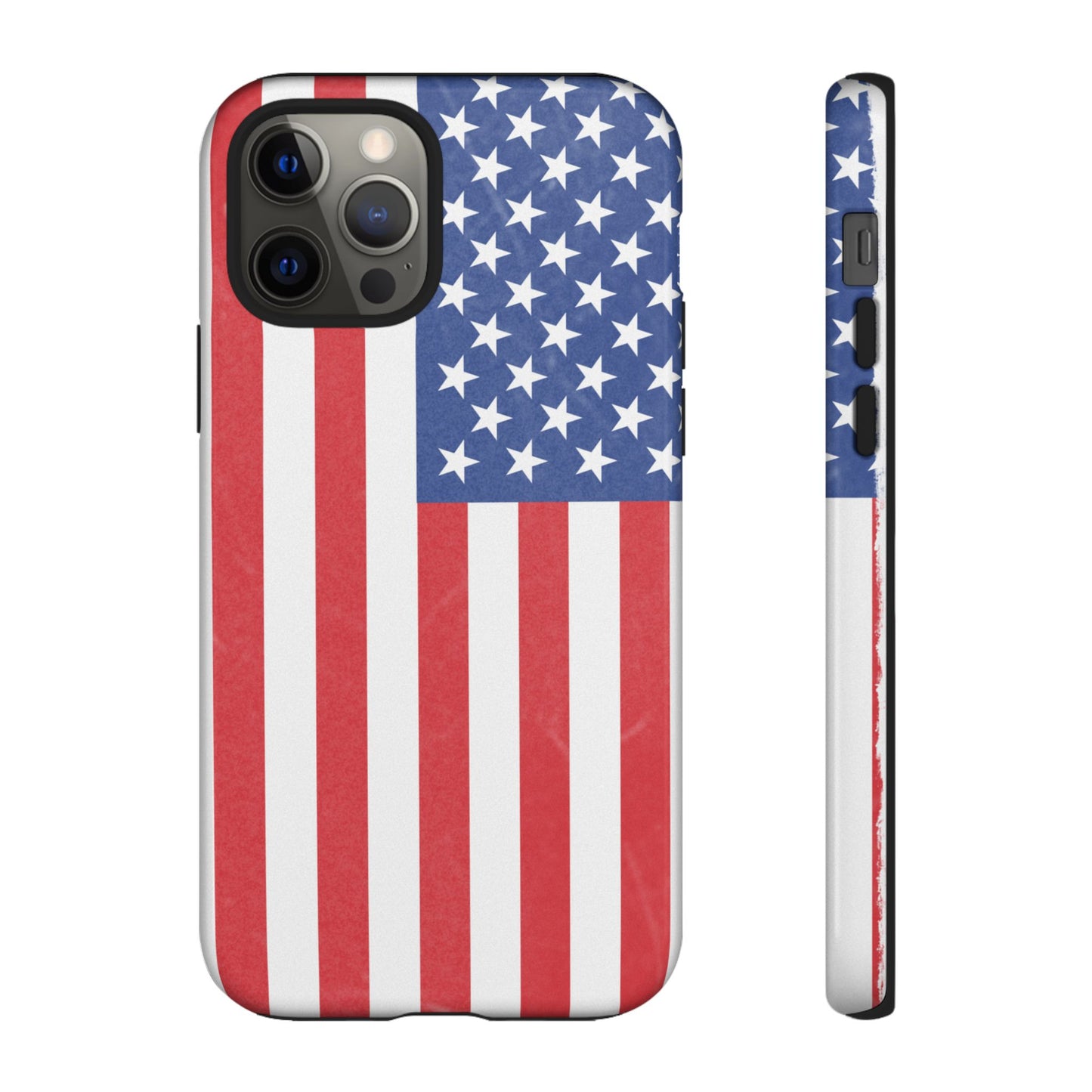 American flag tough phone case for iPhone, durable patriotic cover with printed flag design, made by Printify.