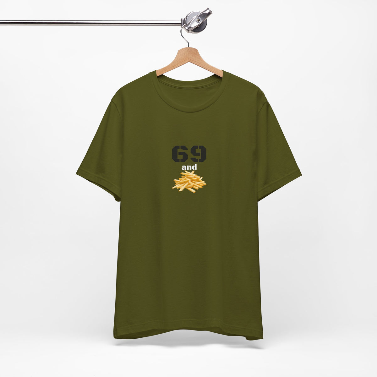Unisex graphic T-shirt featuring a humorous 69 and French fries design in bold print, casual style, and vibrant colors.