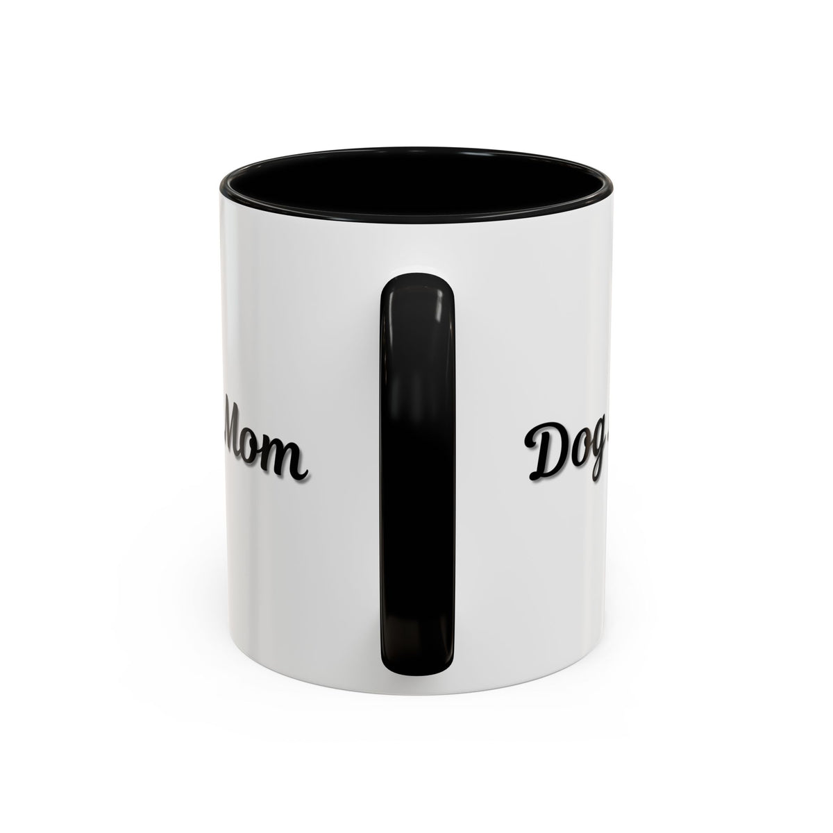Dog Mom Accent Coffee Mug — white ceramic coffee mug with retro script "Dog Mom" print, colored interior and C-handle, 11oz/15oz, handle and interior color detail