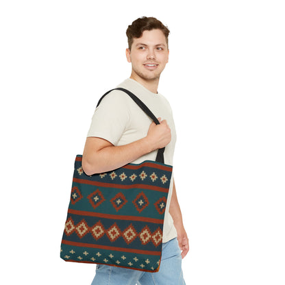 Southwestern diamond pattern tote bag with Aztec tribal geometric print, featuring sturdy handles and vibrant tribal-inspired design.