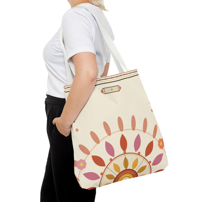 Boho floral mandala tote bag with pastel sunburst pattern, printed by Printify, showcasing vibrant colors and spacious design.