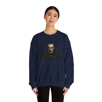 Printify vampire portrait crewneck sweatshirt featuring a detailed vampire illustration on a comfortable black sweatshirt.