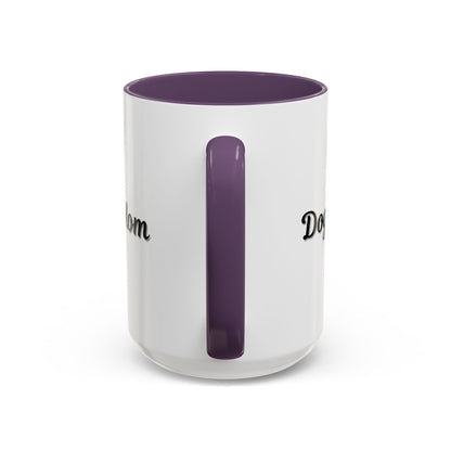 Dog Mom Accent Coffee Mug — white ceramic coffee mug with retro script "Dog Mom" print, colored interior and C-handle, 11oz/15oz, front view