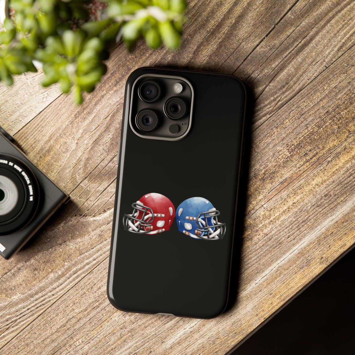 Red and blue football helmet tough phone case for iPhone by Printify, providing durable protection and sporty design.