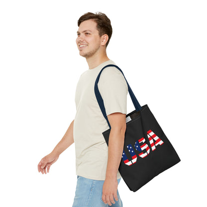 USA flag tote bag by Printify, reusable summer carryall with patriotic stars and stripes for 4th of July celebrations.