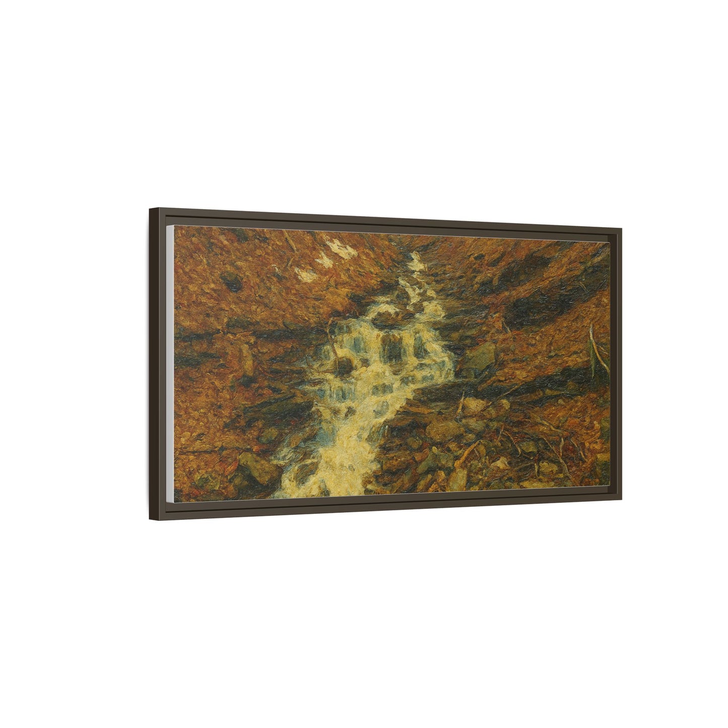 Framed matte canvas print of autumn stream landscape artwork, showcasing vibrant fall colors and serene nature scene.