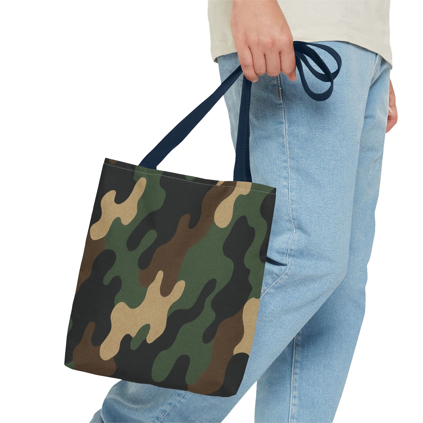 Camo pattern tote bag from Printify with an all-over printed canvas design, featuring sturdy handles and spacious carryall style.