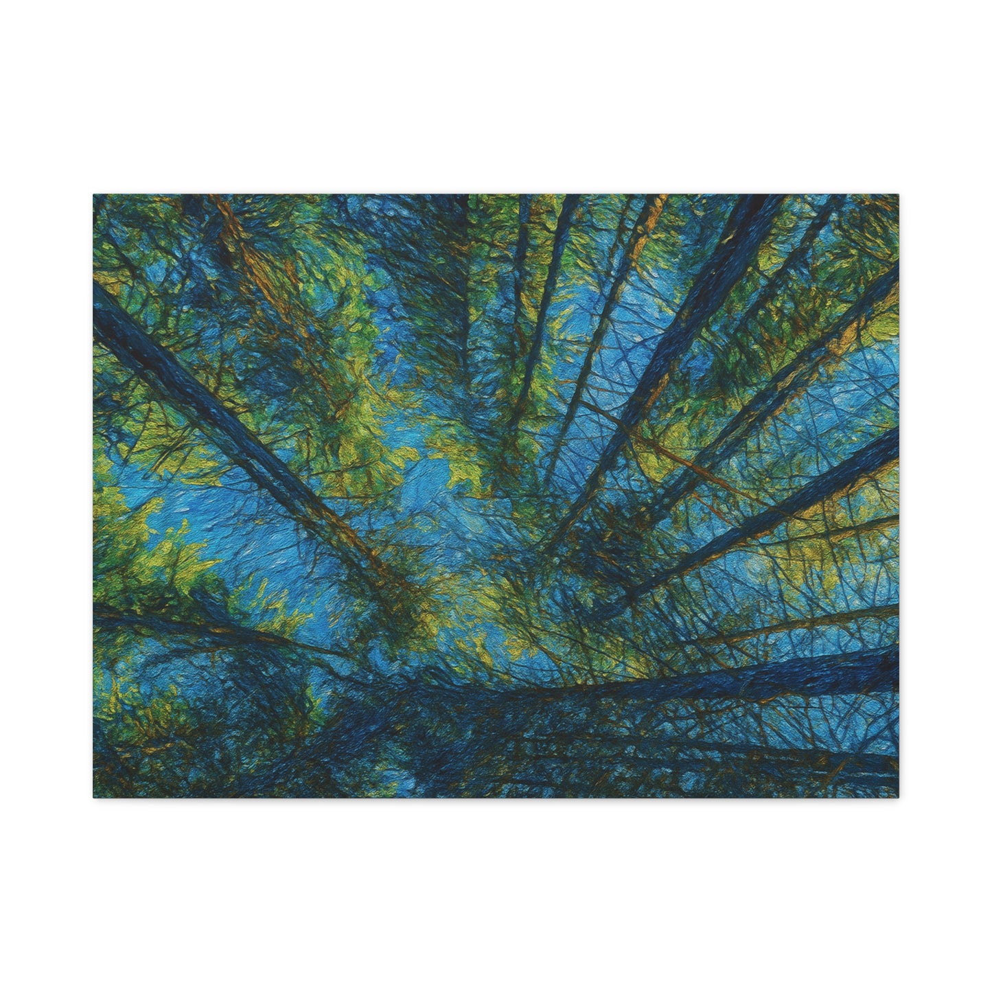 Forest Canopy Matte Canvas Wall Art — Upward View of Trees, Blue & Green Nature Print