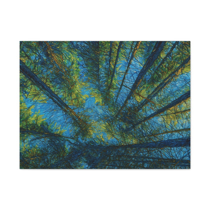 Forest Canopy Matte Canvas Wall Art — Upward View of Trees, Blue & Green Nature Print