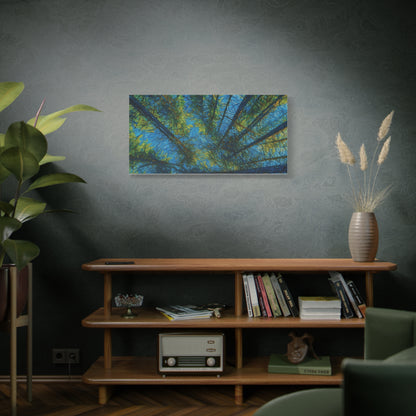 Forest Canopy Matte Canvas Wall Art — Upward View of Trees, Blue & Green Nature Print