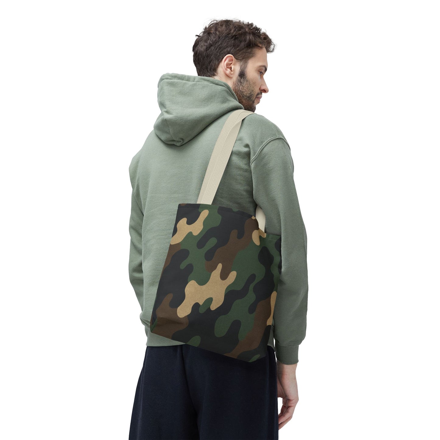 Camo pattern tote bag by Printify featuring all-over print canvas design for casual carryall use.