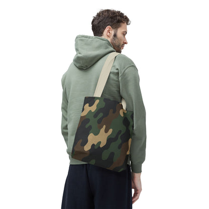 Camo pattern tote bag by Printify featuring all-over print canvas design for casual carryall use.