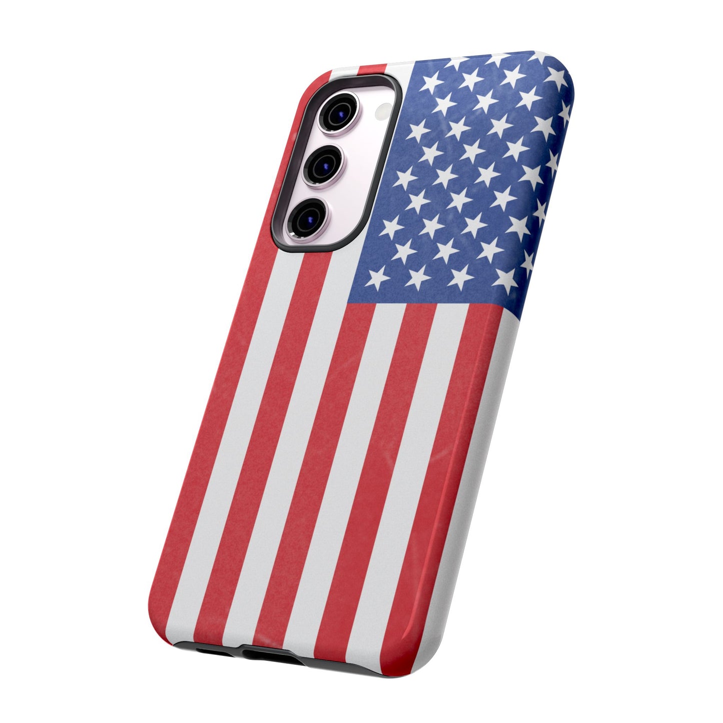 Durable American flag phone case for iPhone by Printify, featuring patriotic design and rugged protection.