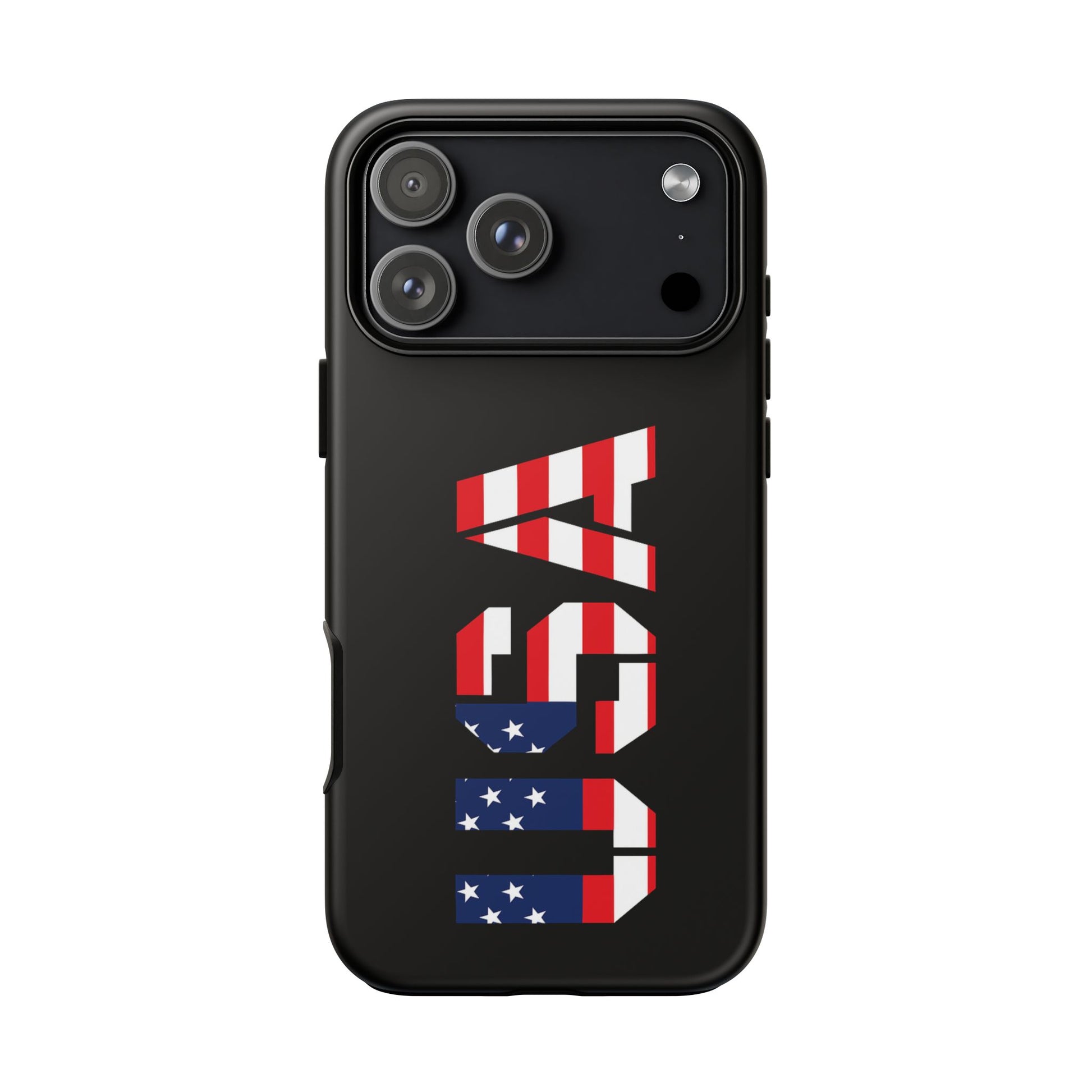USA Phone Case with American flag design, durable Printify patriotic tough case for smartphones, featuring bold red, white, and blue colors.
