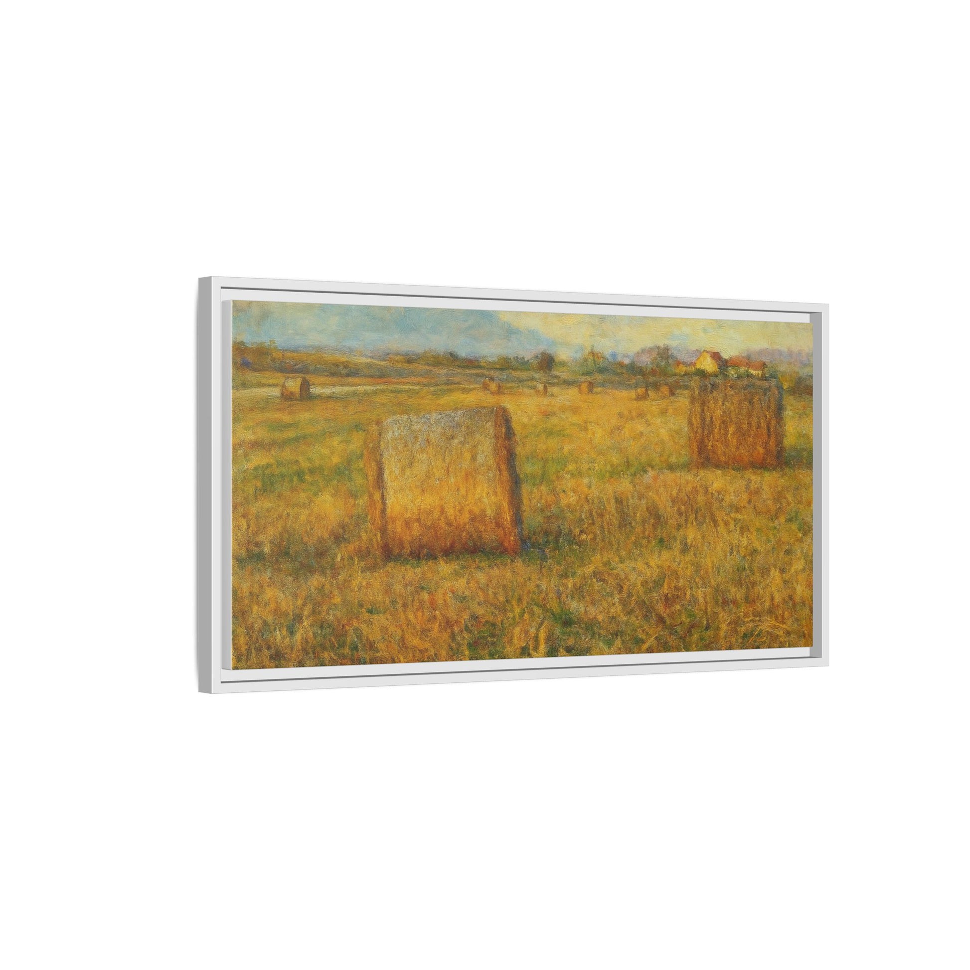 Framed matte canvas wall art featuring a rustic hayfield landscape print, perfect for countryside home decor.