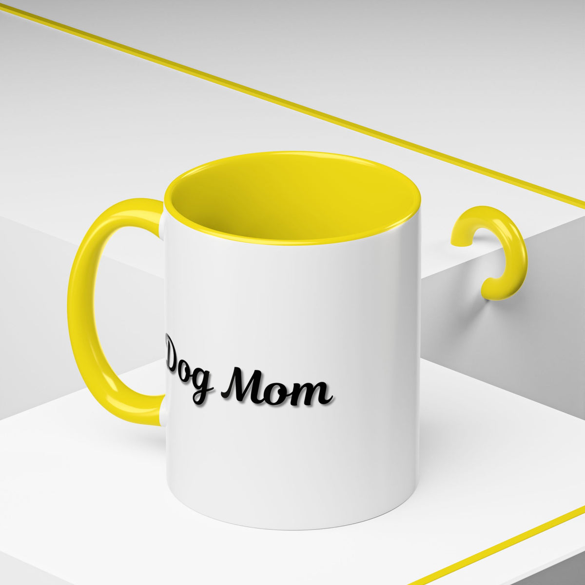 Dog Mom Accent Coffee Mug — white ceramic coffee mug with retro script "Dog Mom" print, colored interior and C-handle, 11oz/15oz, front view