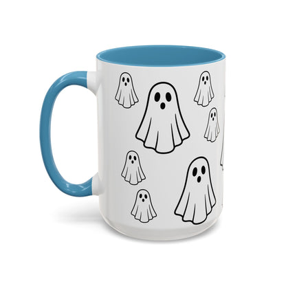 Printify ghost pattern accent coffee mug with Halloween-themed cute ceramic design, available in 11oz and 15oz sizes.