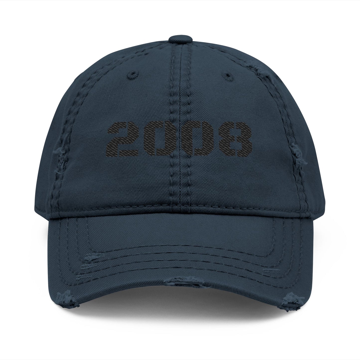 Vintage 2008 distressed dad hat with embroidered design, classic baseball cap style by Printify.