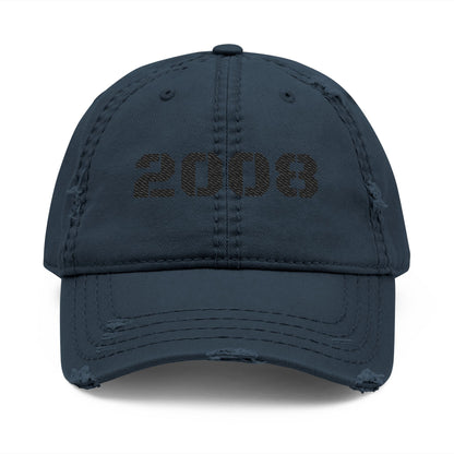 Vintage 2008 distressed dad hat with embroidered design, classic baseball cap style by Printify.