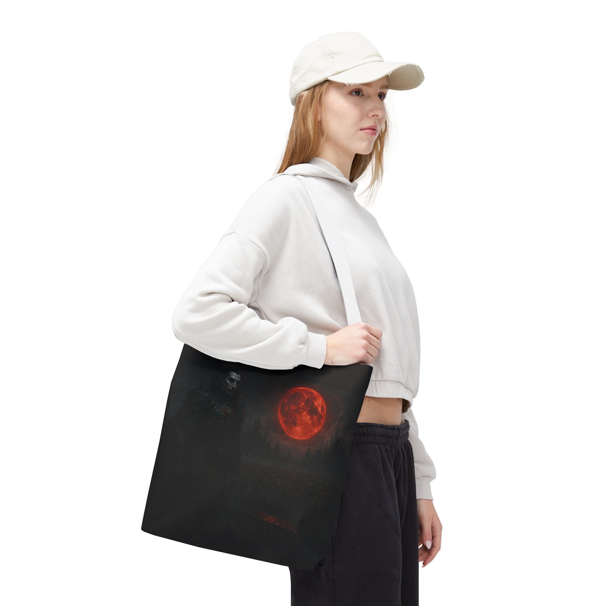 Gothic Dracula tote bag with moonlit vampire art, perfect for Halloween, by Printify, featuring a spooky vampire design on durable fabric.